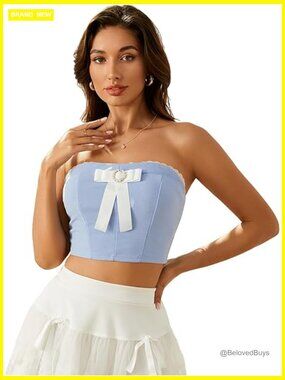 Contrast Lace Corset Crop Top Strapless Bow Front Tube Top